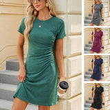 Round-neck Short Sleeve Dress Summer Casual Solid Color-1