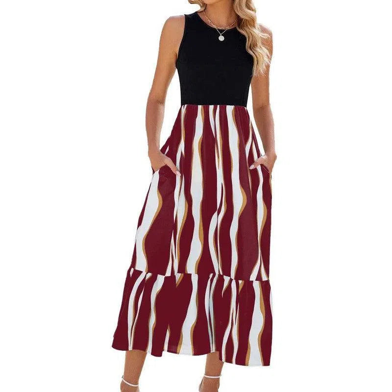 Round Neck Sleeveless Long Dress Summer Fashion Striped Print Dresses Womens Clothing-Wine Red-7