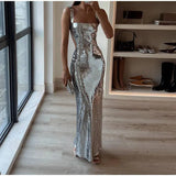 Elegant Silver Sequin Backless Maxi Dress-3