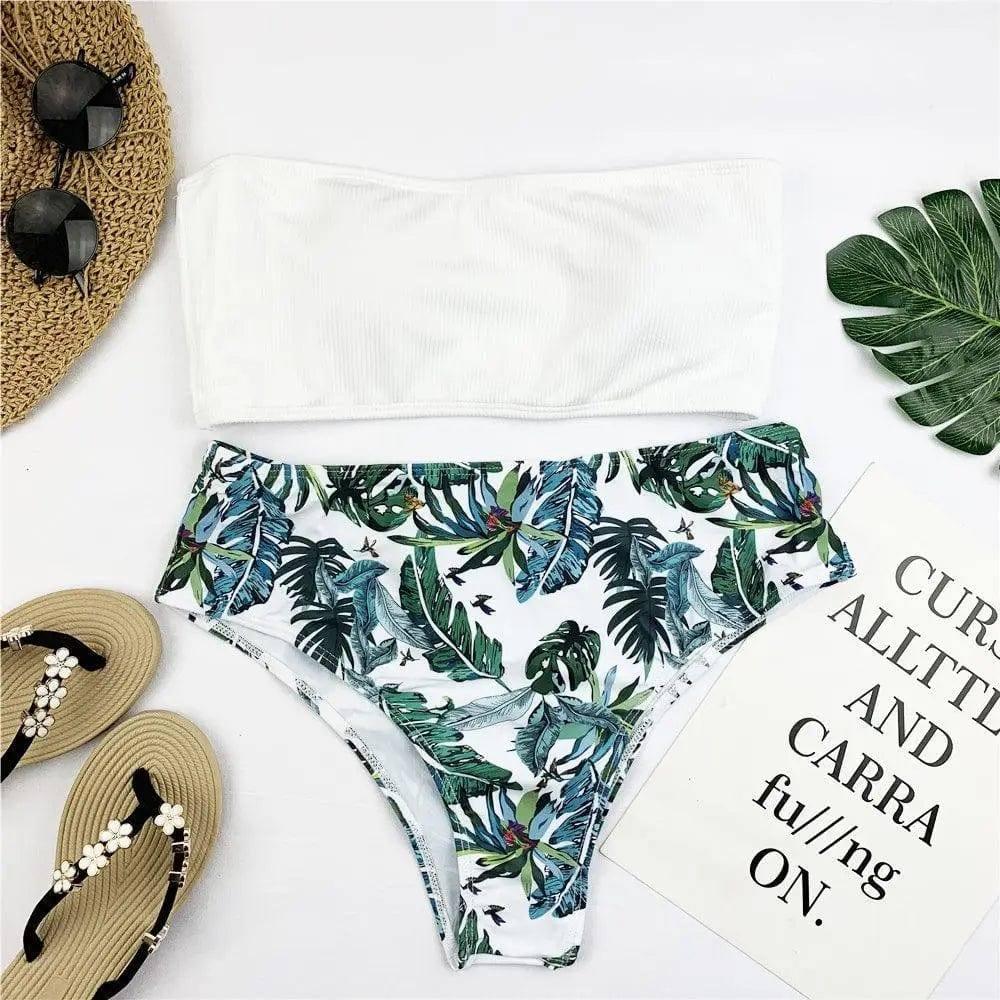 Sexy Bandeau Bikini Set Women Print Swimwear-White-4