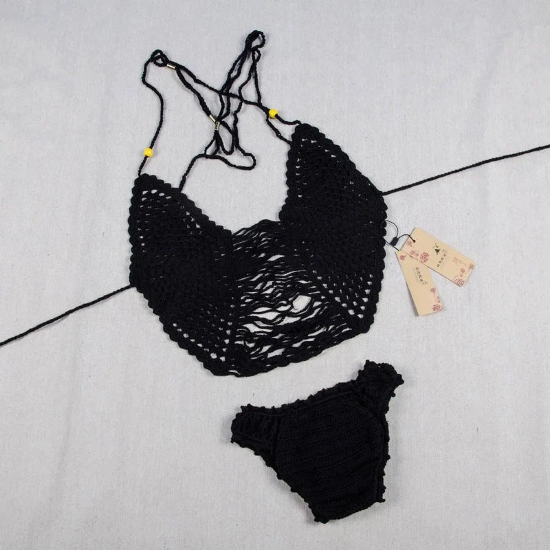 Bikini Bikini Handmade Crochet Beach Bathing-Black-2