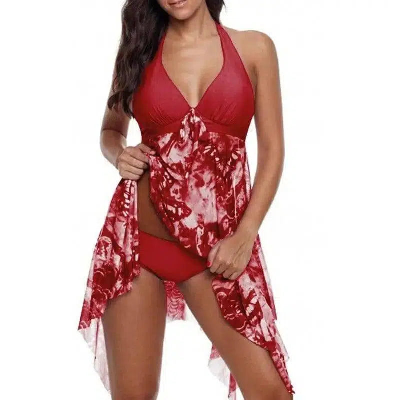 Bikini Irregular Hem Split Floral Swimsuit-Red-1