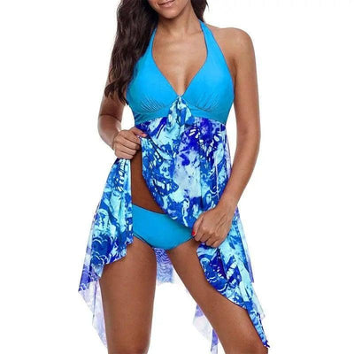 Bikini Irregular Hem Split Floral Swimsuit-SkyBlue-3