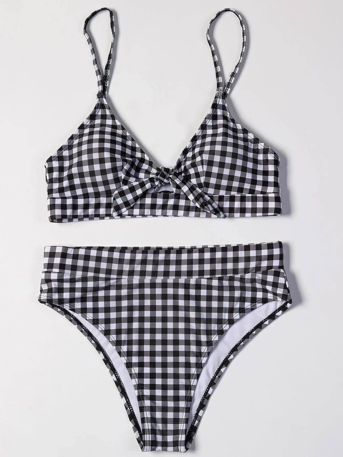 Sexy check high waist split bikini-Blackwhite-4