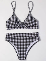 Sexy check high waist split bikini-Blackwhite-4