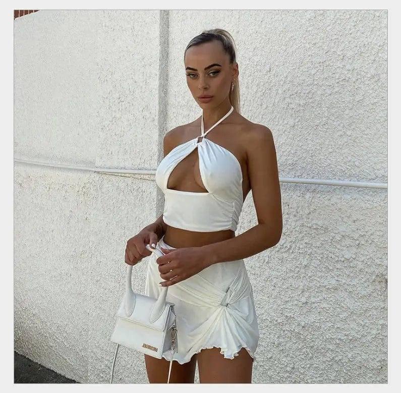 Crop Top Mini Skirts Two Piece Sets Women Halter Top-White-2