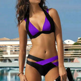 Sexy Cross Strap Color Matching Bikini Swimsuit-Purple-3