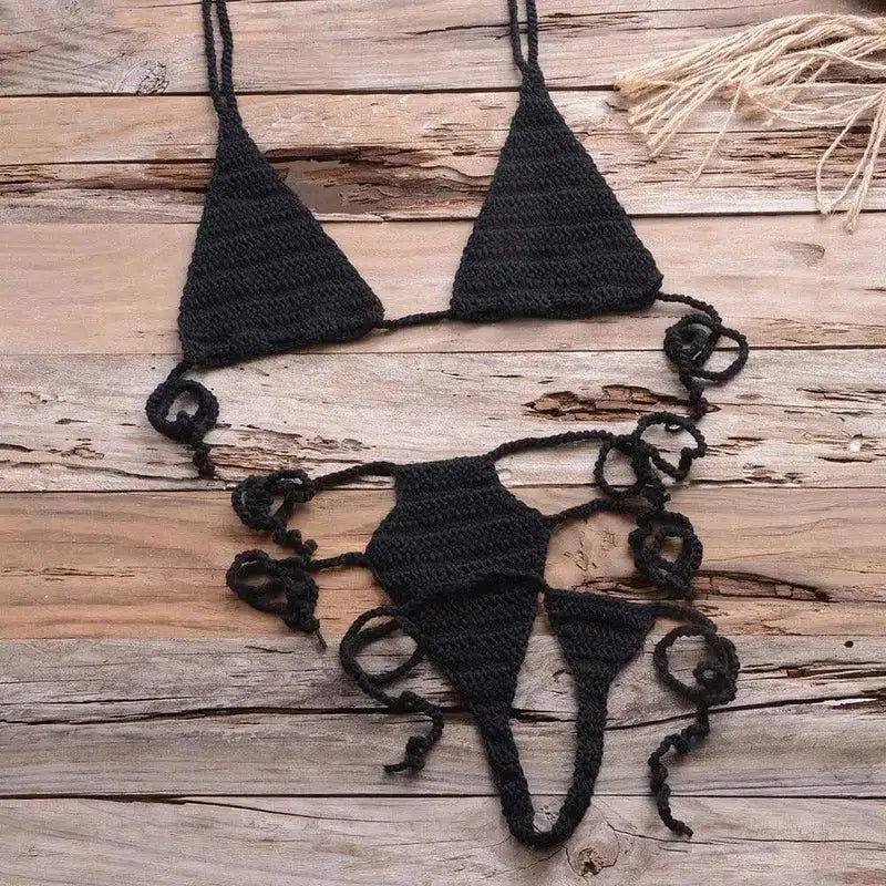 Hand Woven Beach Bikini Swimsuit-Black-6