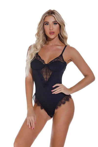 Lingerie Lace Lingerie Open Back Bodysuit-Black-4