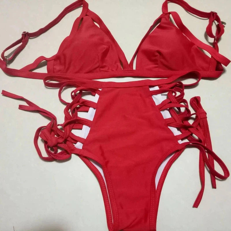 strap bikini split swimsuit-Red-6