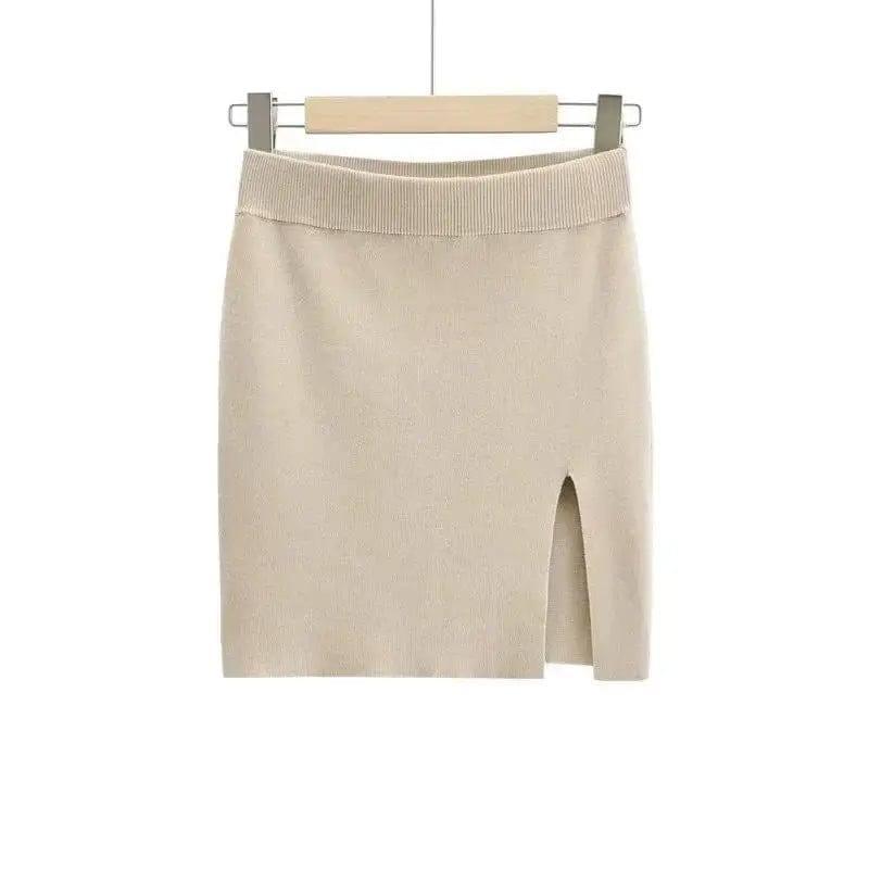 Short Skirt Fashion Side Slit Slim Knit-Apricot-2