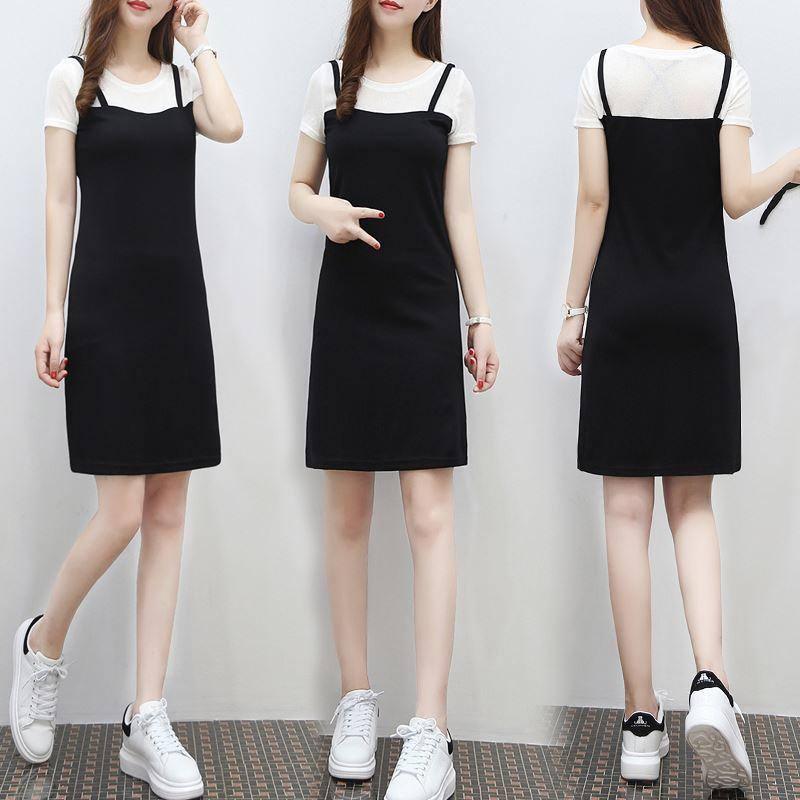 Short sleeve mid long fake two piece suspender dress summer-1