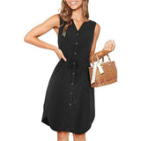 Sleeveless V-neck Buttoned Dress With Pockets Fashion Casual Waist Tie Design Summer Dress Womens Clothing-Black-2