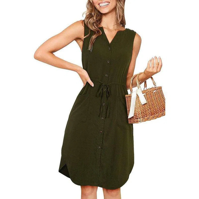 Sleeveless V-neck Buttoned Dress With Pockets Fashion Casual Waist Tie Design Summer Dress Womens Clothing-Army Green-8