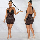 Sling Wrapped Chest Rhinestone Mesh Perspective Skirt Dress-6