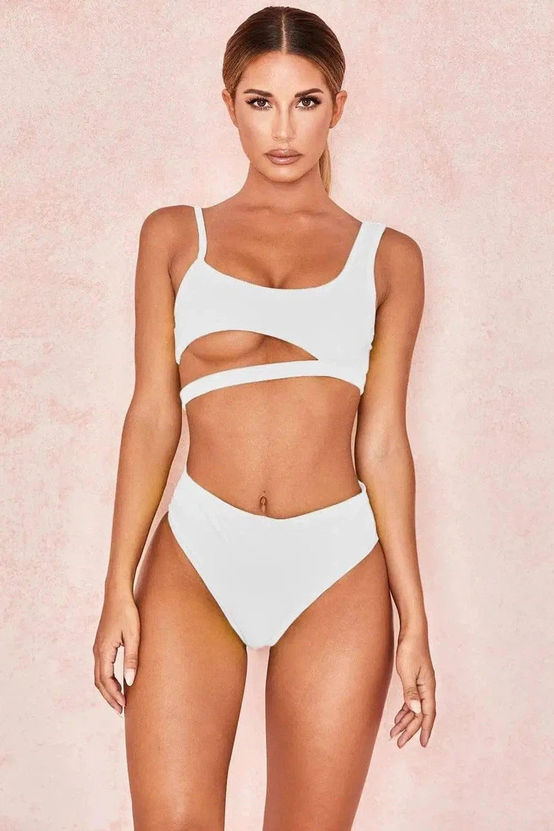 Solid color bikini cutout split swimsuit triangle-White-2