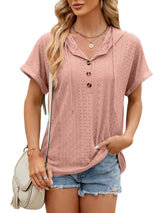 Solid Color Hooded Button T-shirt Loose Hollow Design-Leather Pink-10