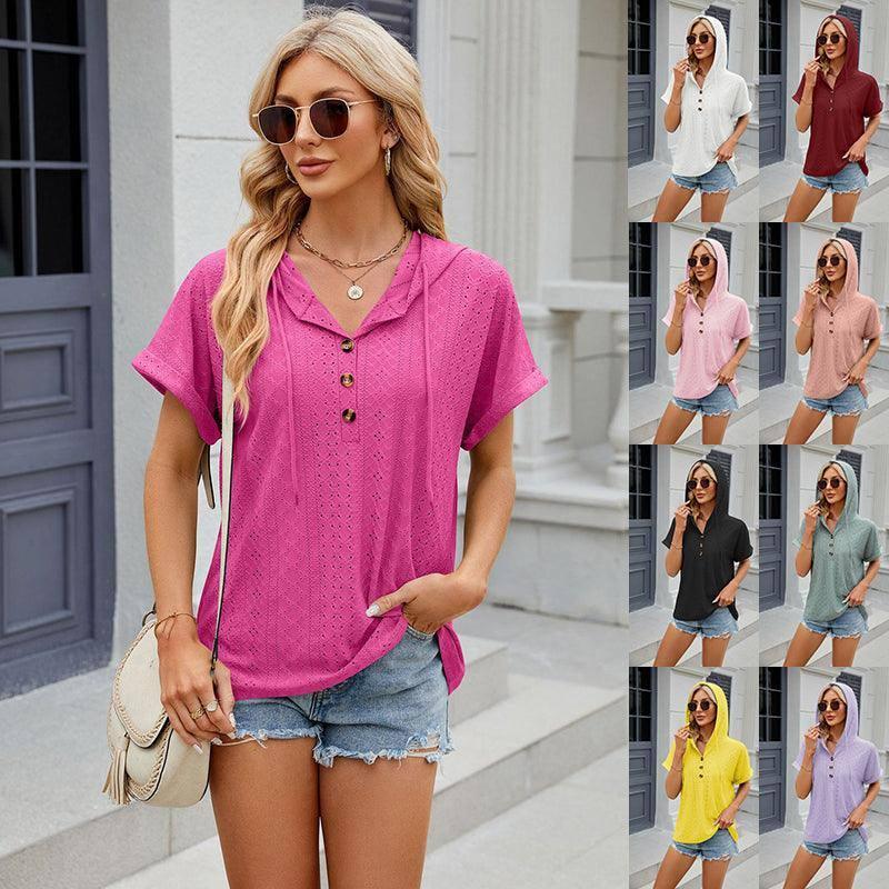 New Solid Color Hooded Button T-shirt Loose Hollow Design Short-sleeved Top For Womens Clothing-1