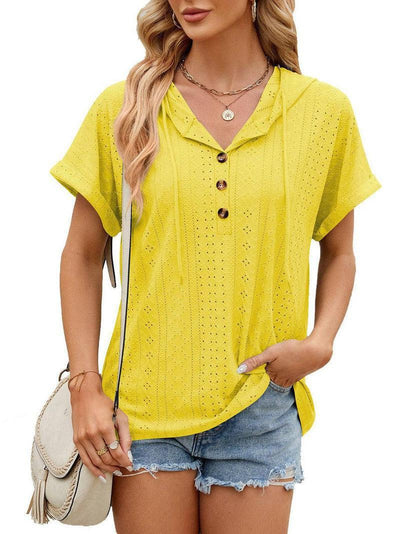 New Solid Color Hooded Button T-shirt Loose Hollow Design Short-sleeved Top For Womens Clothing-Yellow-8