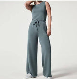 Solid Color Jumpsuit Sleeveless Tops Tie Elastic Pants Romper-Grey blue-11