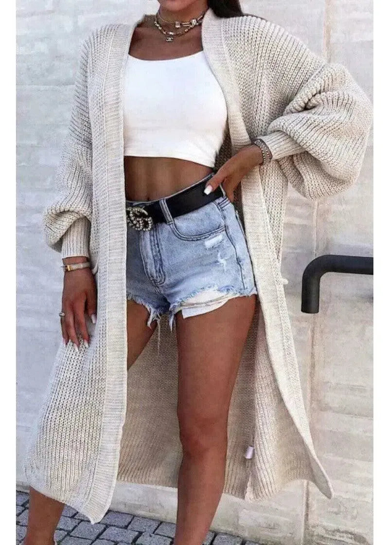 Solid Color Knitwear Pocket Cardigan Mid-length Sweater-White Beige-8