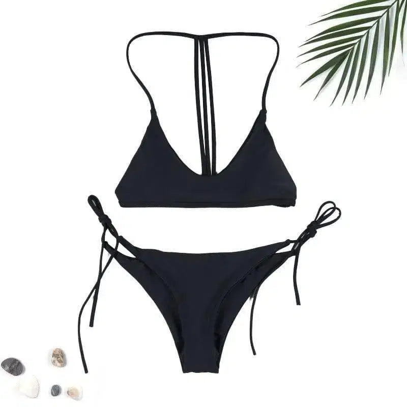 solid color ladies bikini split swimsuit-Black-3