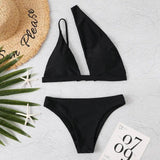 Solid Color One Shoulder Sexy Bikini-Black-2