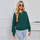 Solid Color Pullover Dark Green Women's Long Sleeve Loose-6