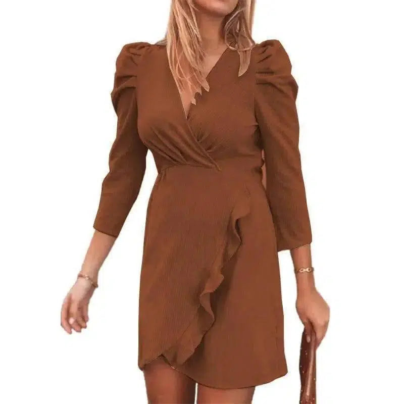 Solid Color V-neck Long-sleeved Ruffled Women's Dress-Brown-4