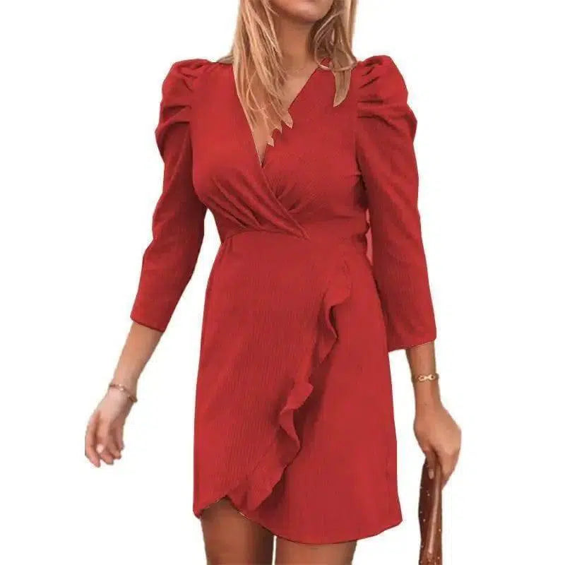 Solid Color V-neck Long-sleeved Ruffled Women's Dress-Red-3