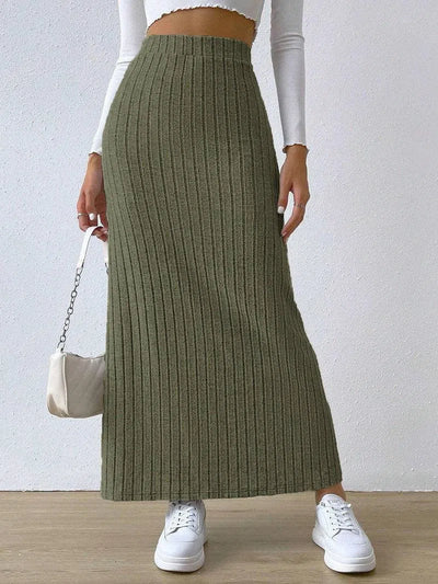 Spring Long Skirt High Waist Side Slit Slim Fit Knitted Women's Dress-Army Green-5