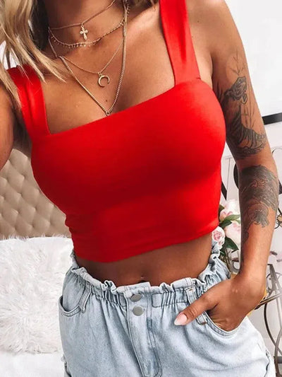 Square Neck Sleeveless Summer Crop Top White Women Black-5