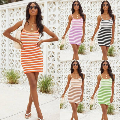 Striped Color Matching Beach Dress Women-1