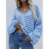 Striped Sweater V-neck Sweater-Blue-6