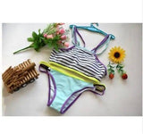 Stripped High Neck Patchwork Bikini Set Swimsuit Bathing-S-1