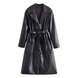 Stylish Belted Faux Leather Trench Coat-Black-3