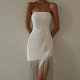 Summer Chic: New Tassel Sexy Strapless Split Dress for Women-White-5