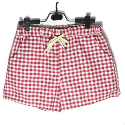 Summer Elastic Waist Cotton Plaid Loose Shorts For Women-Red-2