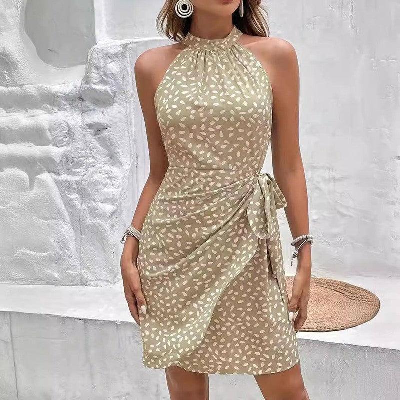 Summer Halterneck Printed Dress With Tied-waist Design Khaki / 2XL-Khaki-4