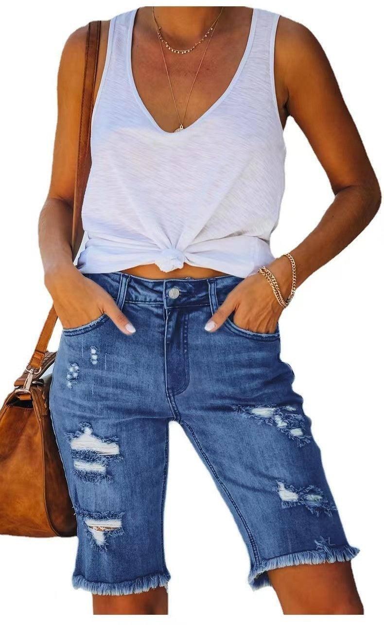 Summer Mid-waist Slim-fit Cropped Pants Ripped Tassel Jeans-7