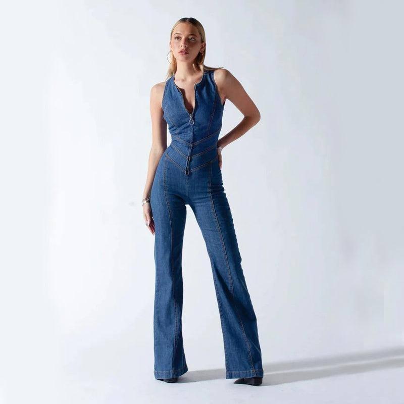 Summer Slim Heart-shape Backless Denim Jumpsuit Women Halter-Blue-7