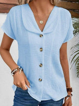 Summer Solid Color Fashion Short-sleeved Cardigan Button-Light Blue-8