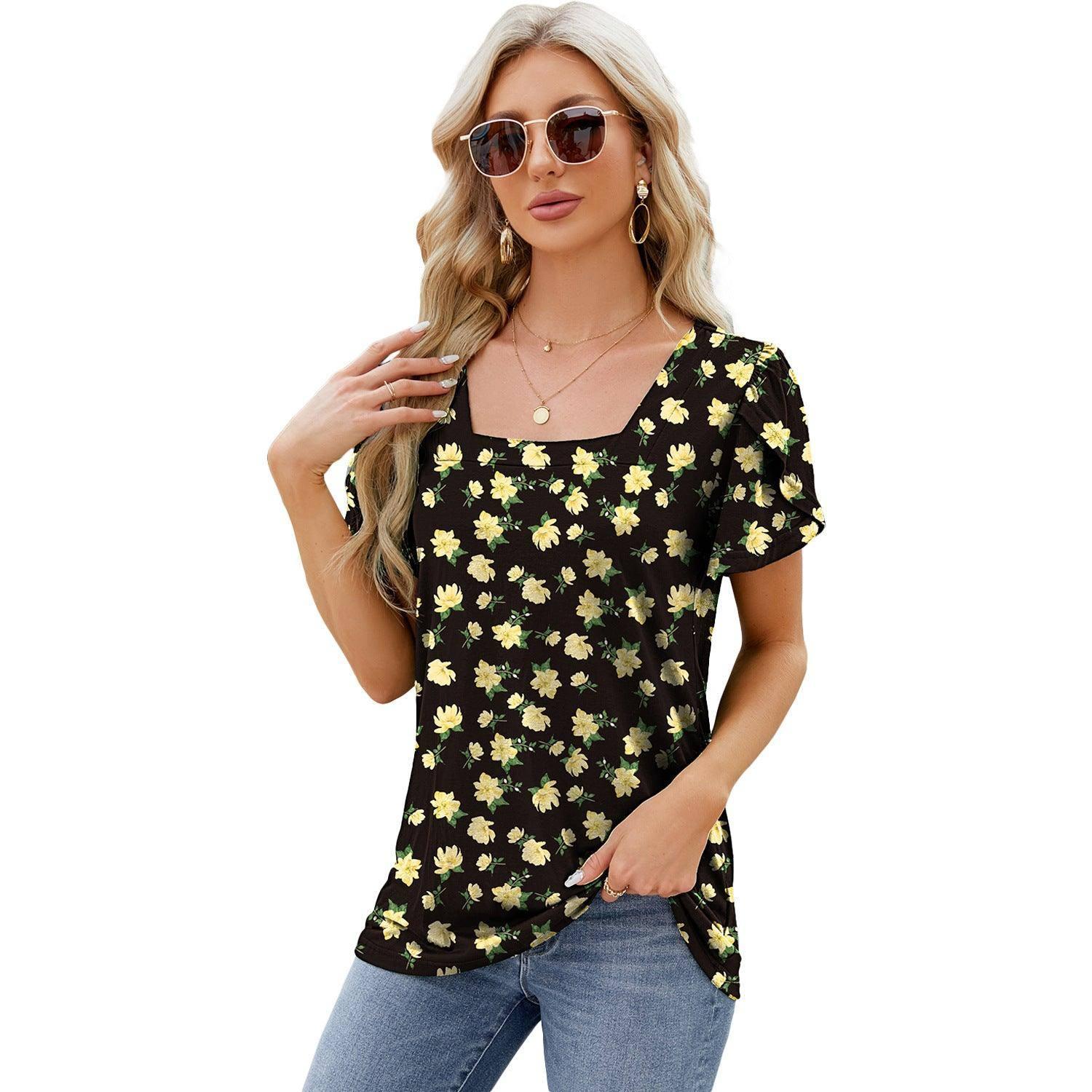 Summer Top Fashion Square Neck Printed Short-sleeved T-shirt-Yellow Flower-10