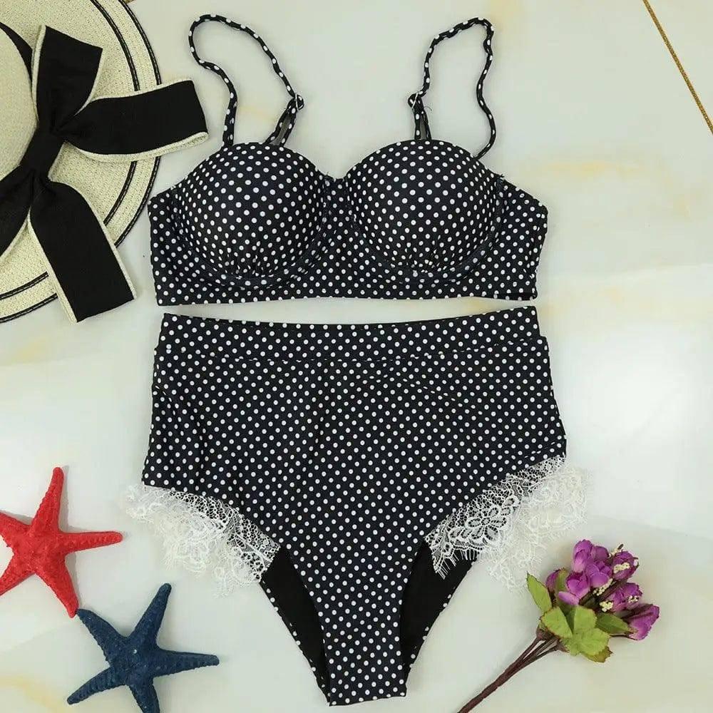 Swimsuit Split Polka Dot High Waist Underwire Lace Bikini-Black-2