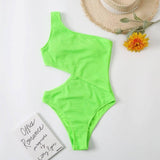 Swimsuit Womens One Piece Bikini Solid Color One Shoulder-Fluorescentgreen-4