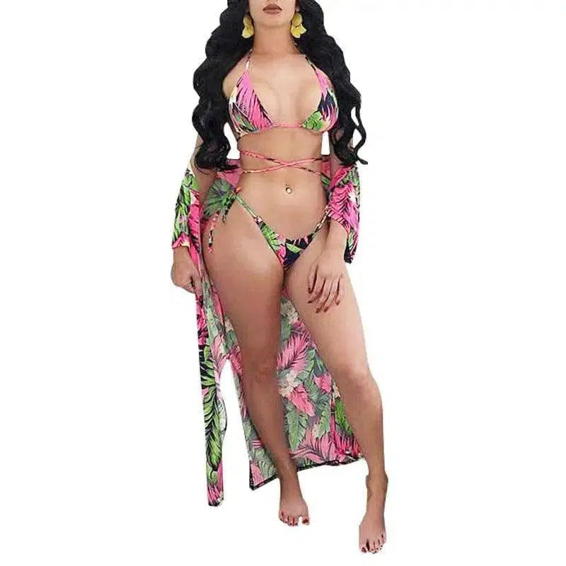 Three-piece printed cloak bikini swimsuit-2