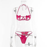 Two-piece Set Of Hollow Female Sexy Lingerie With Bow Tie-RoseRed-3