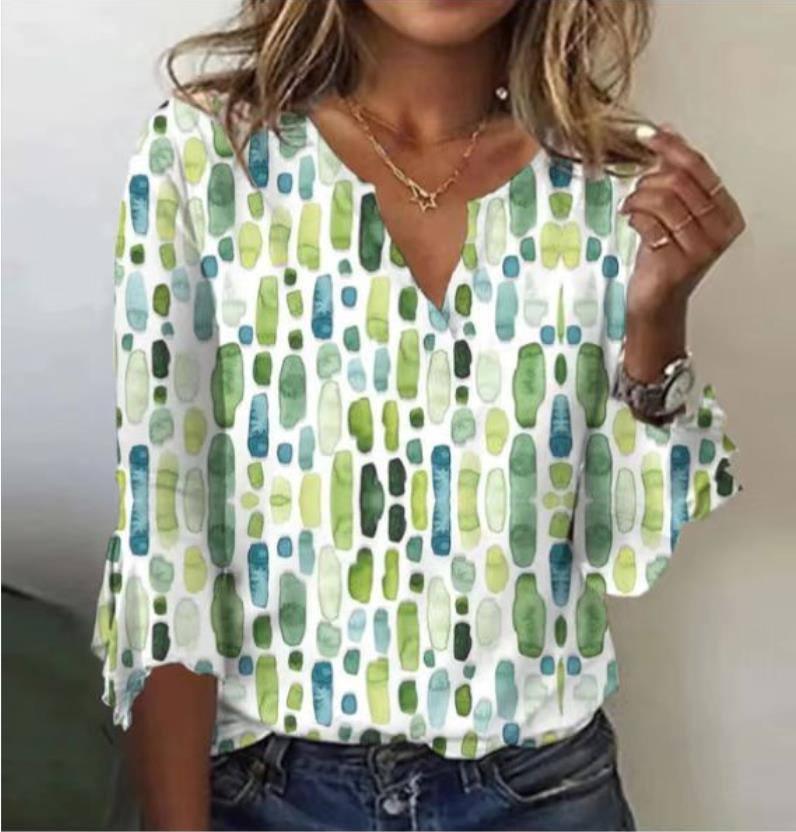 V-neck 34 Flare Sleeve Women's T-shirt-Green-6