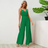 V-neck Suspender Pleated Jumpsuit Solid Color Loose Straight Pants Womens Clothing-5