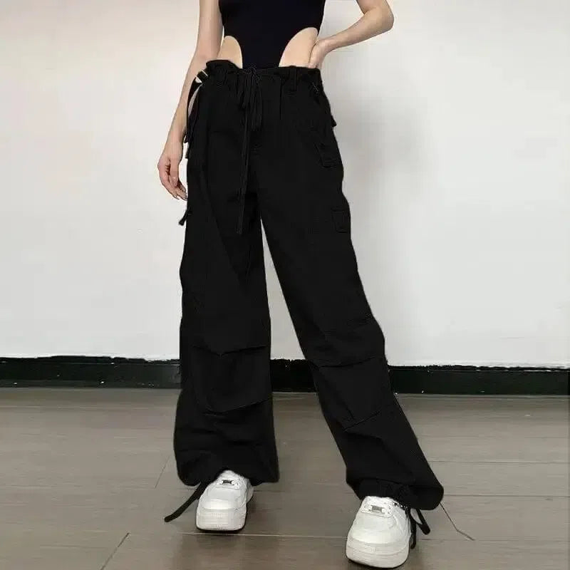 Vintage Fashion Large Pocket Straight Casual Pants-Black-4